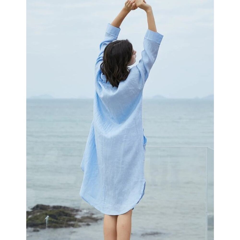 Cozinen Long Sleeve Midi Shirt Dress Half Button Front Loose Fit Blue Womens XL - Picture 2 of 10